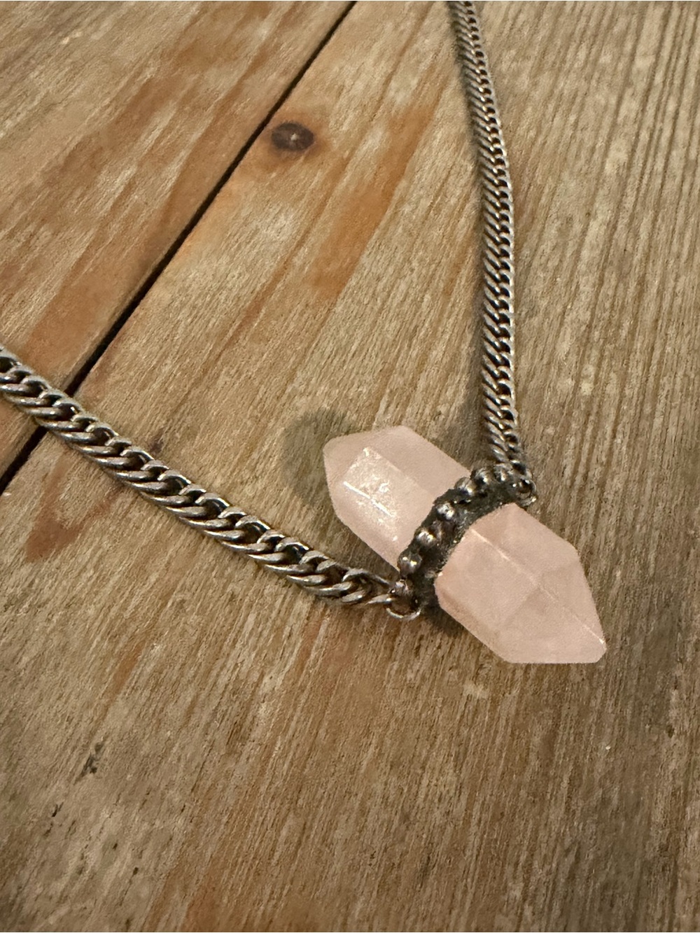 Pink Rose Quartz Point Necklace with Silver-Tone Chain